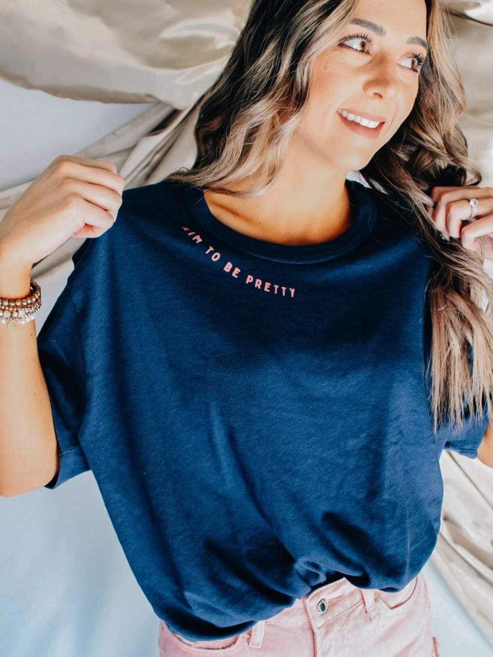 Navy Short Sleeve Tee with Pink Script